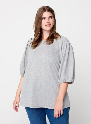 Sweat top with puff sleeves, Light Grey Melange, Model image number 0