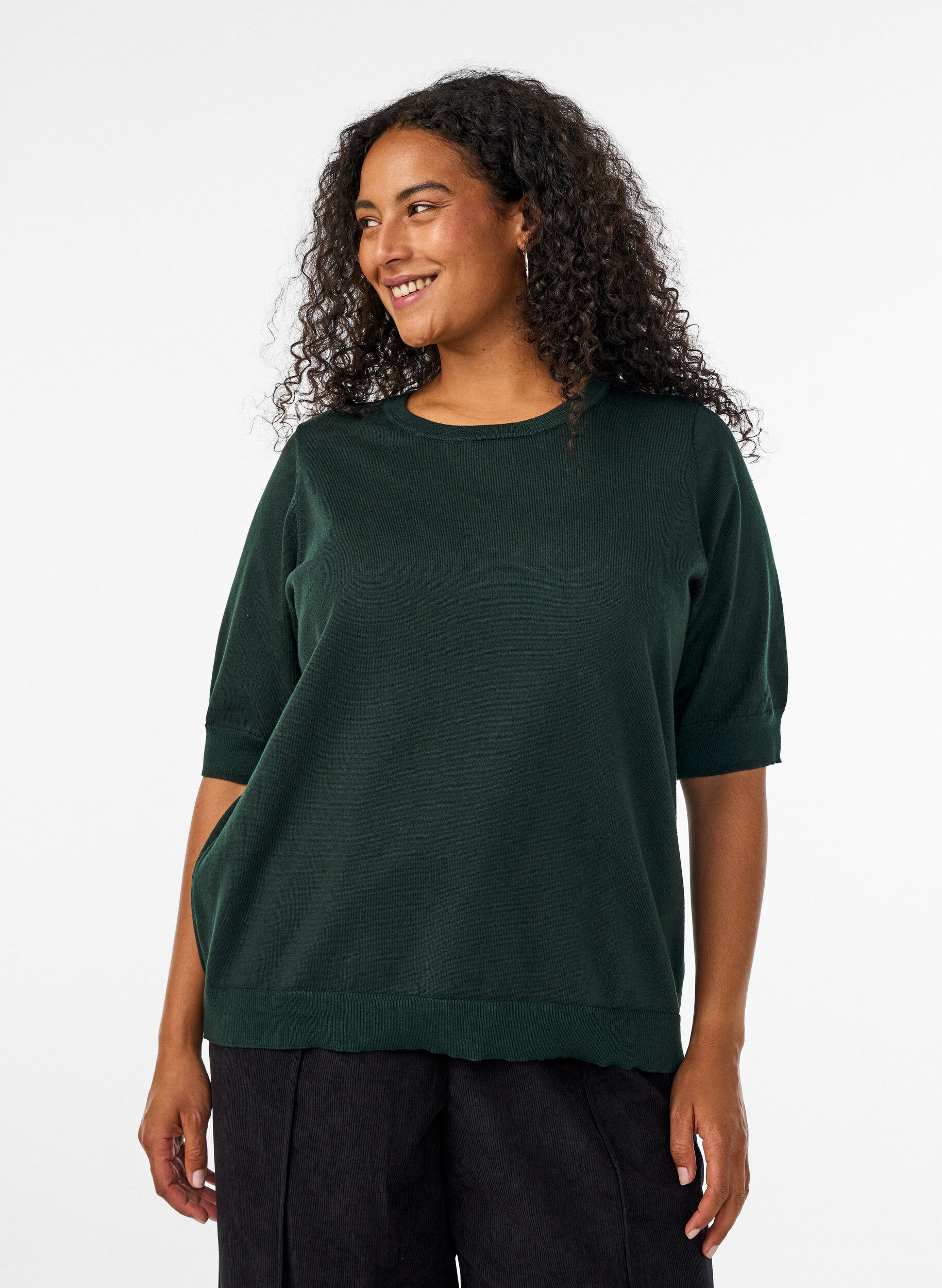ZizzifashionFine-knit blouse with short sleeves, Green, Model image number 0