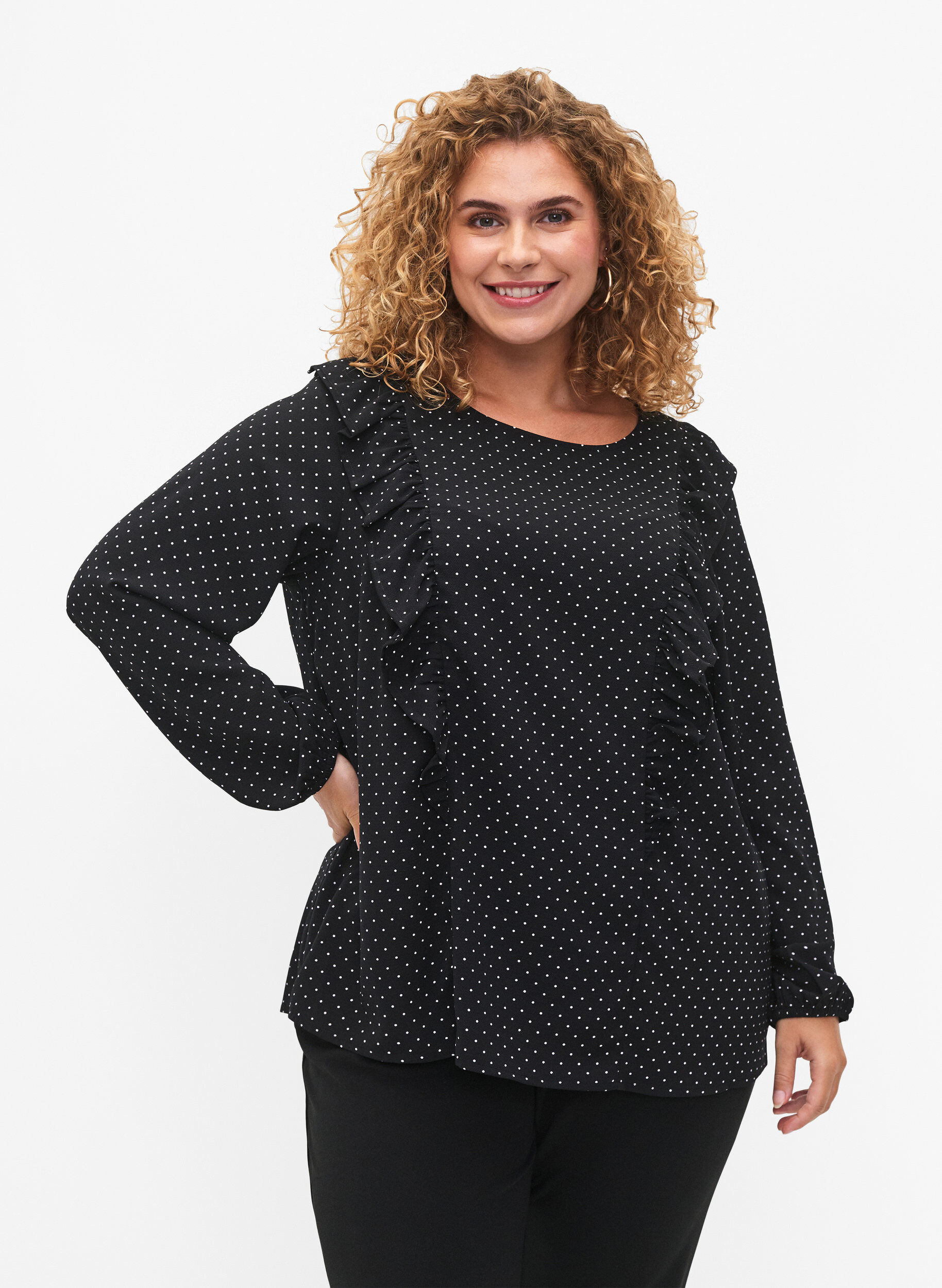 Zizzifashion Long sleeved blouse with ruffles, Black Dot, Model image number 0