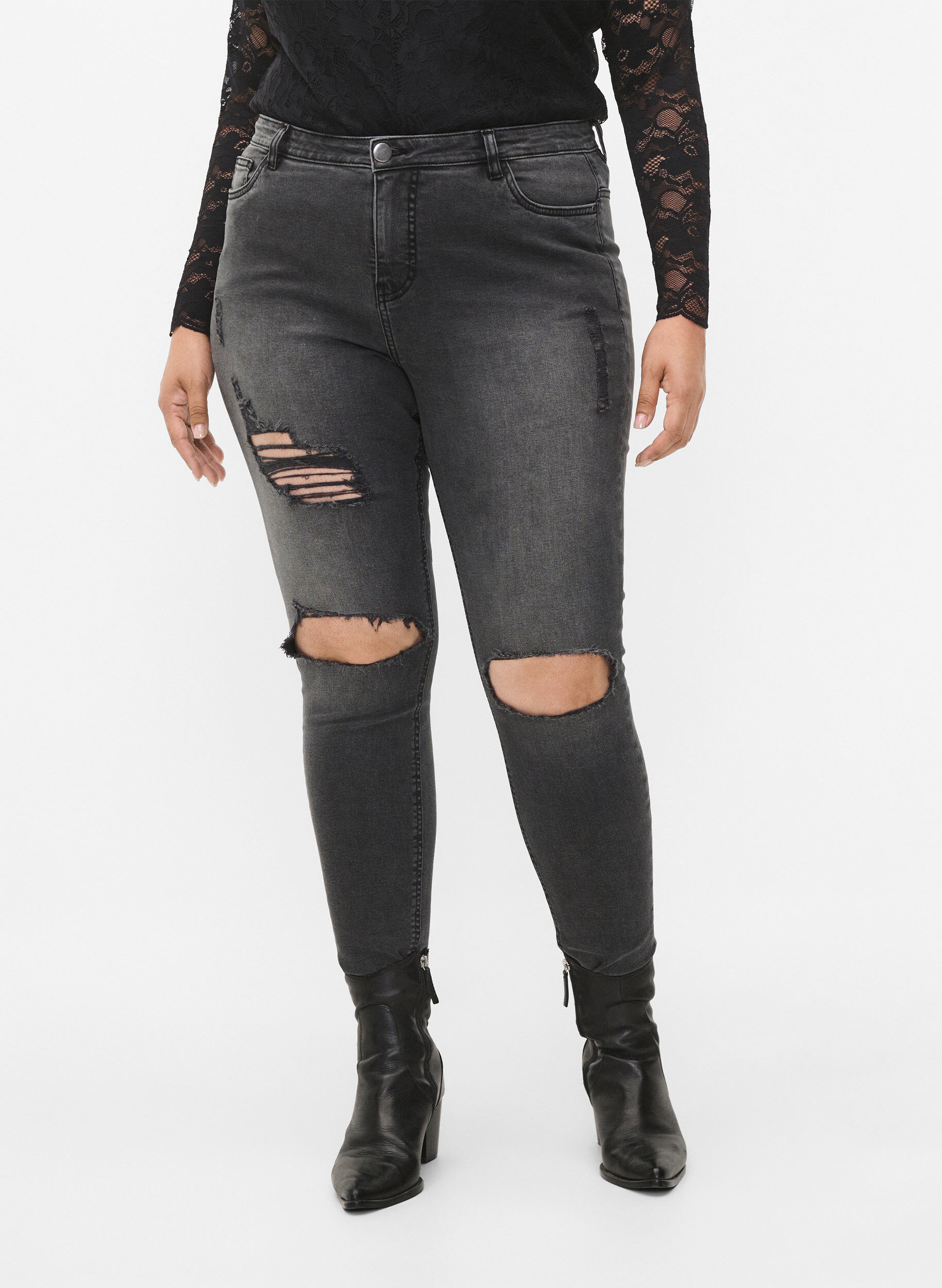 Zizzifashion Tight-fitting jeans with rip details, Grey Denim, Model image number 2