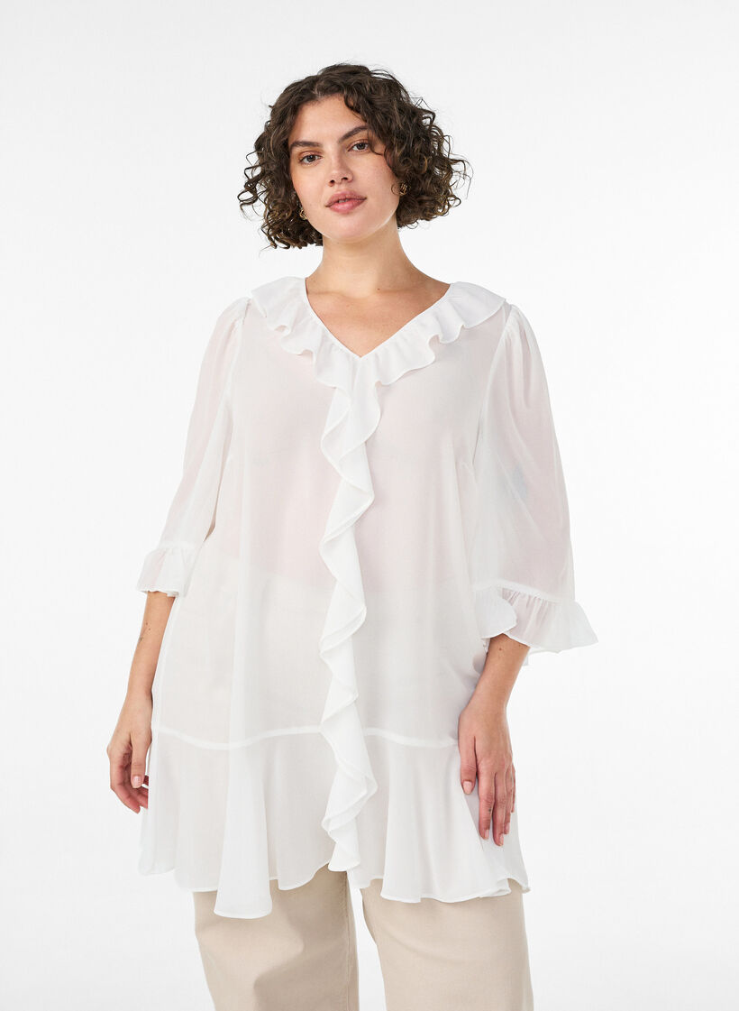 Tunic with ruffles and 3/4 sleeves, Vanilla, Model image number 0