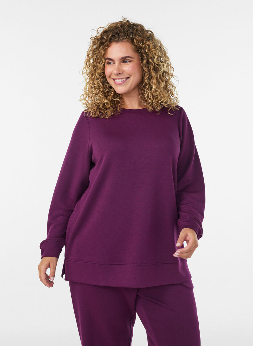 Long-sleeved jersey blouse with a round neck, Purple, Model image number 0