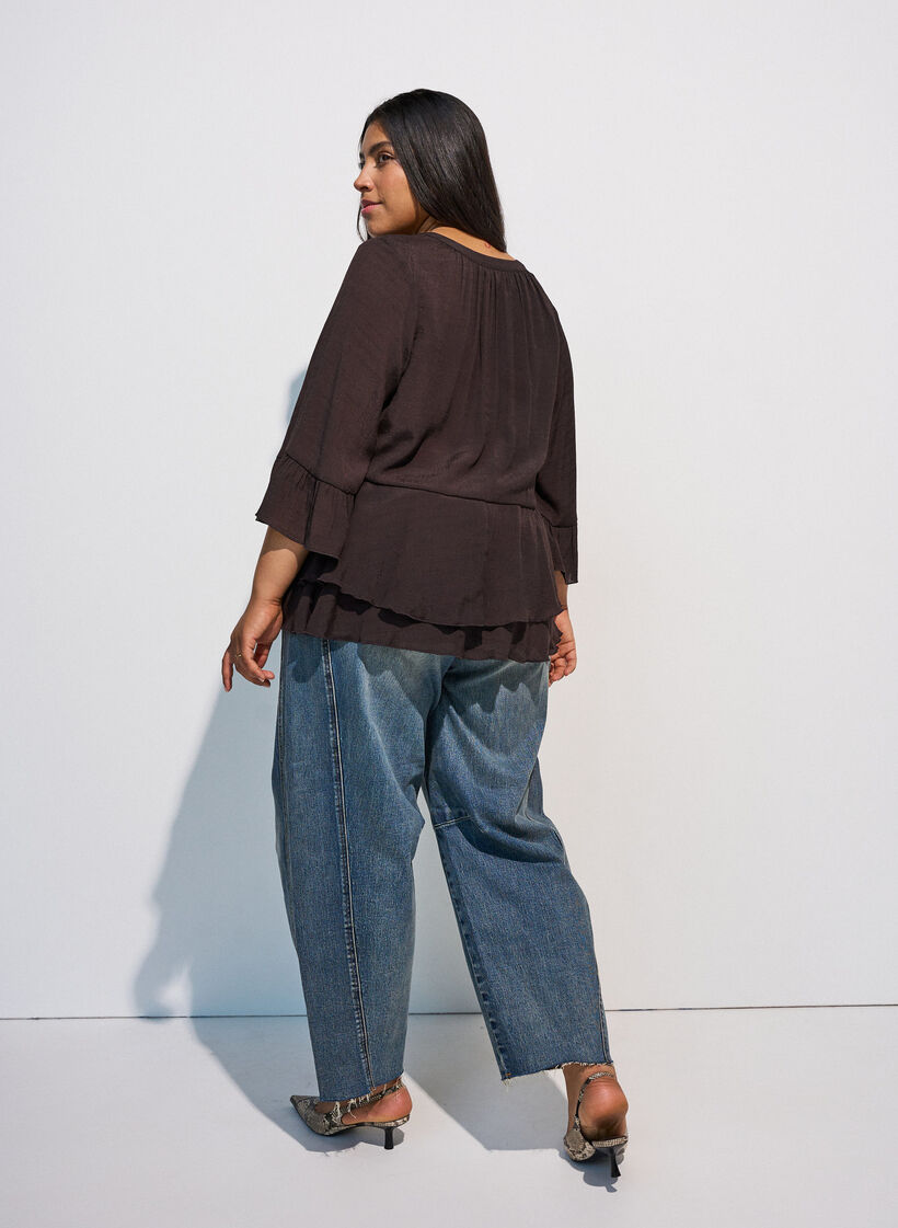 Blouse with 3/4-sleeves and ruffle details, Brown, Model image number 2