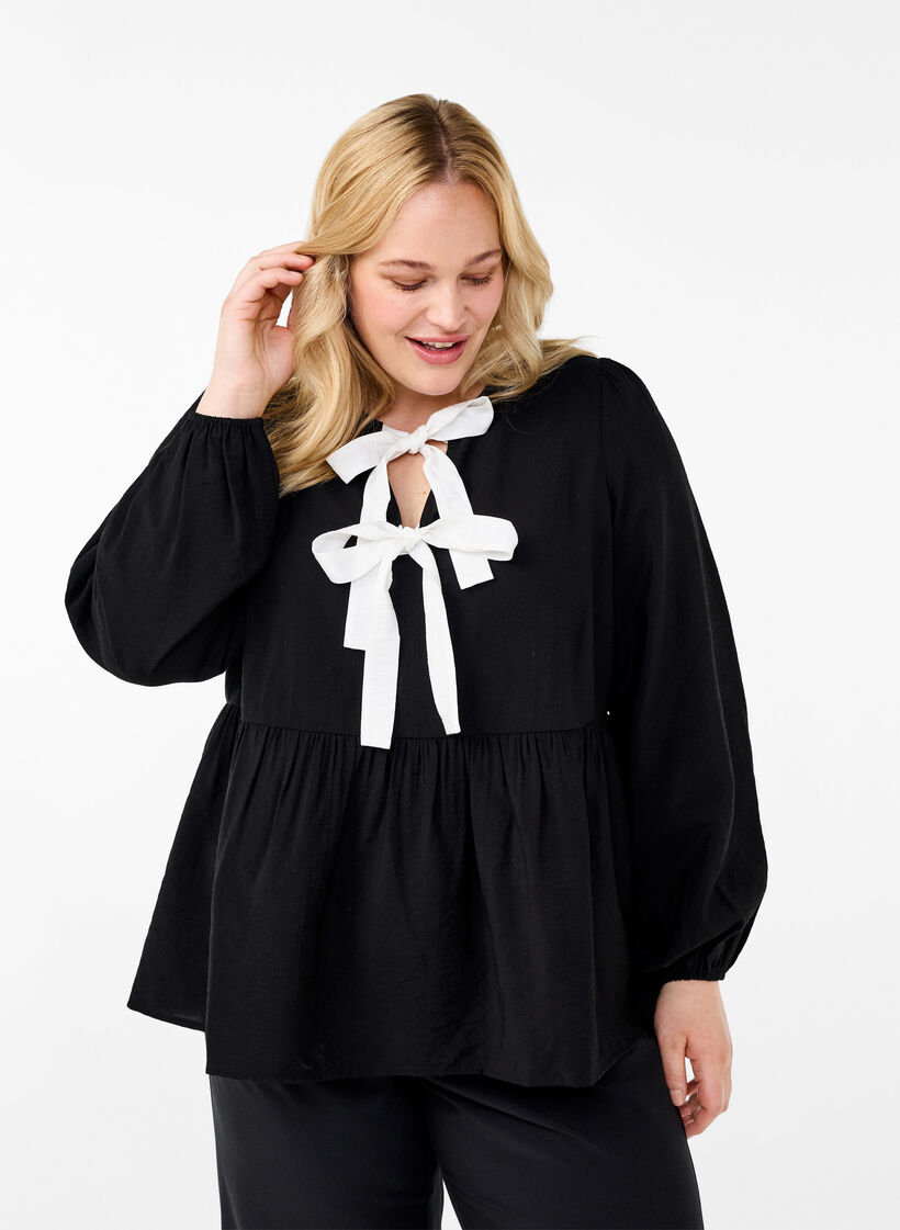 Viscose blouse with bows and long sleeves, Black White Bow, Model image number 0