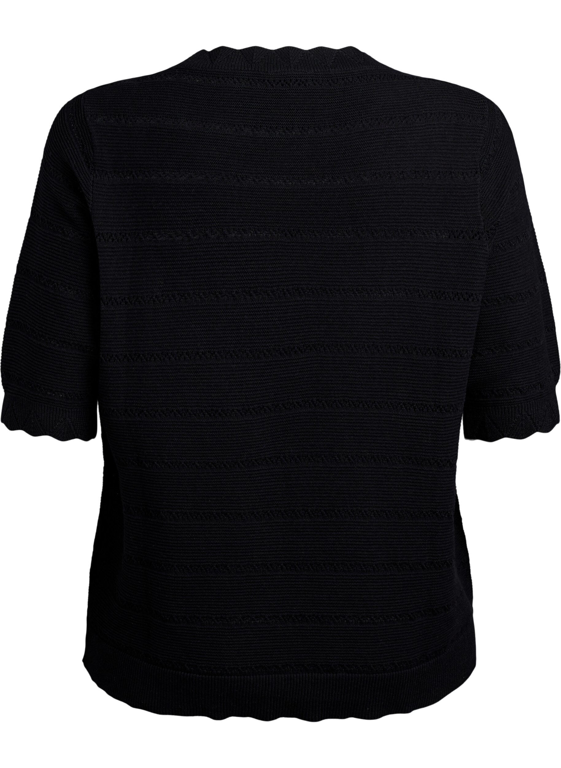 Zizzifashion Knitted blouse with a striped openwork pattern and short sleeves, Black, Packshot image number 1