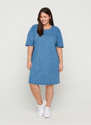 Dotted denim dress with short puff sleeves, Blue denim w. Dot, Model image number 3
