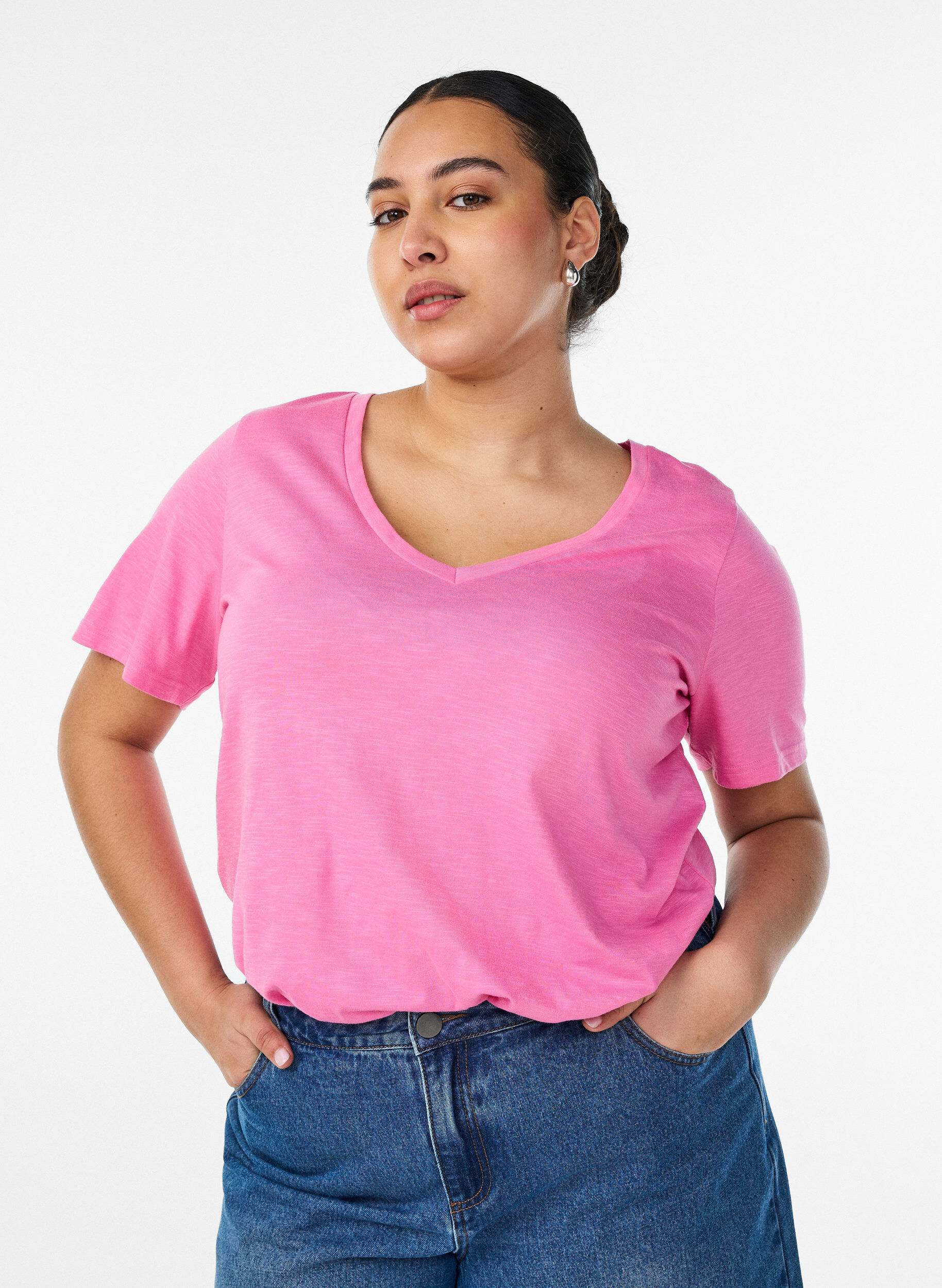 Zizzifashion Short-sleeved basic t-shirt with v-neck, Pink, Model image number 0