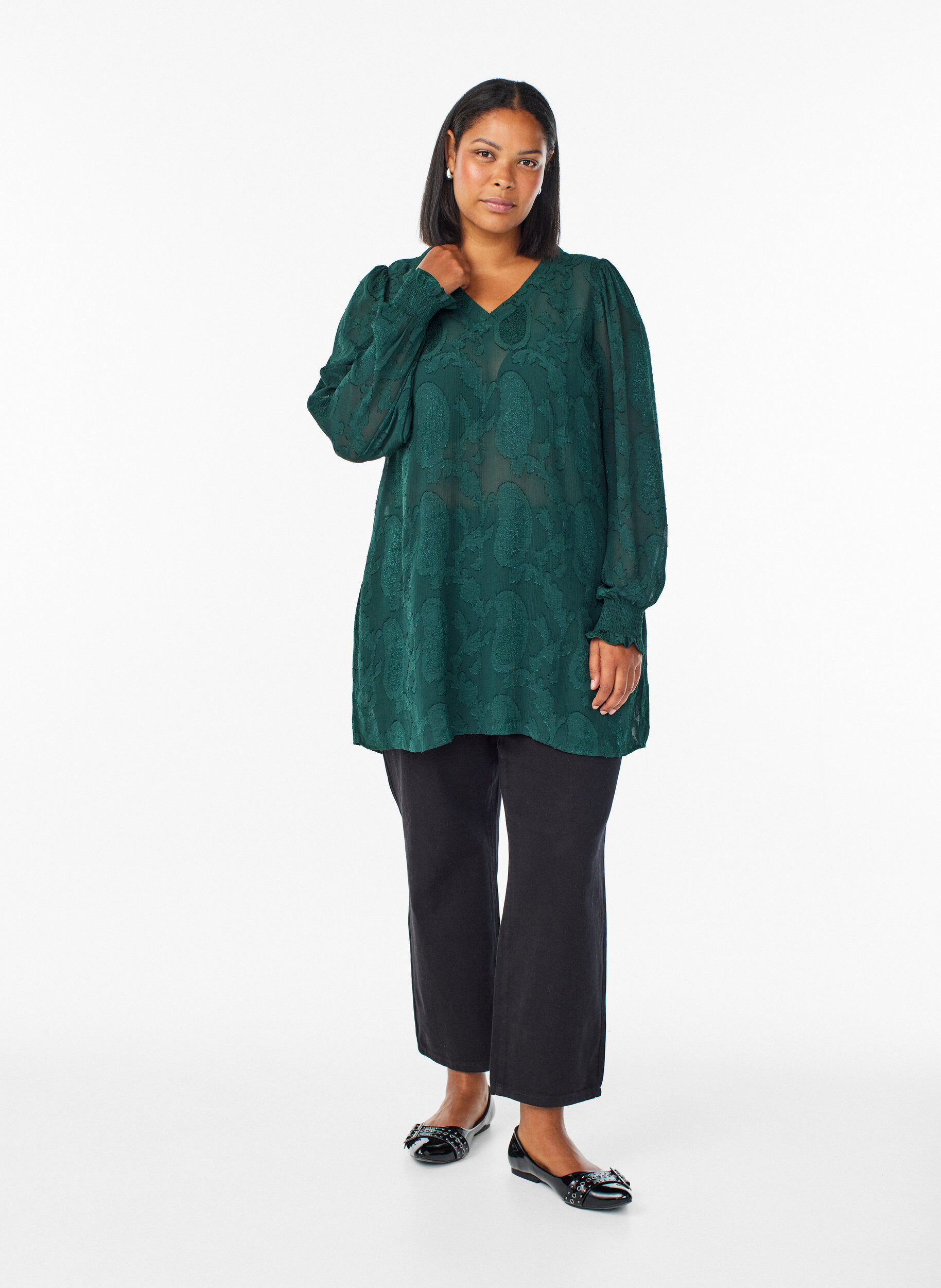 Zizzifashion Tunic with a paisley texture and long sleeves, Green, Model image number 1