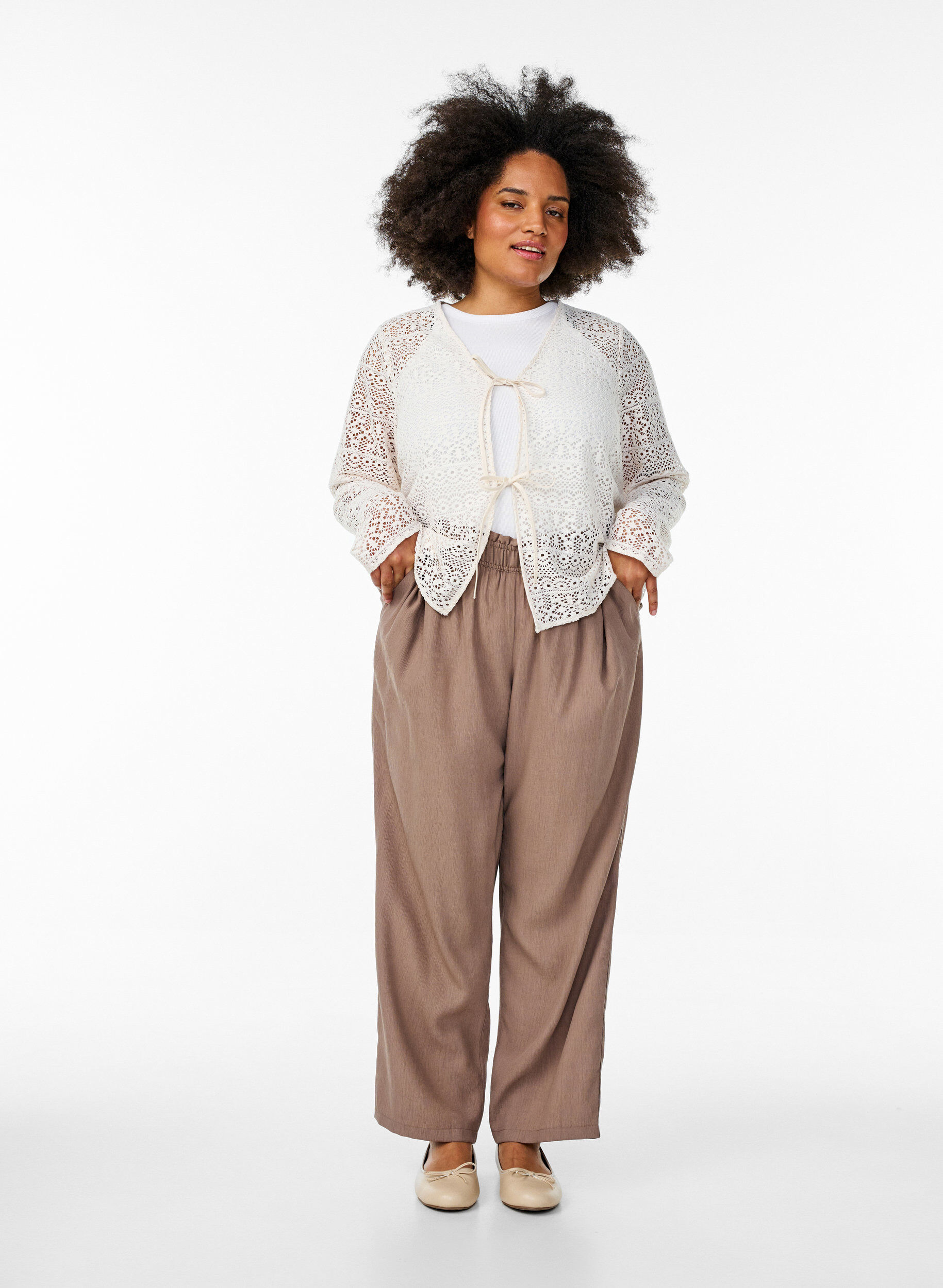 Zizzifashion Cardigan with openwork pattern and tie strings, Vanilla, Model image number 1