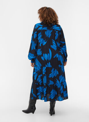 Printed viscose midi dress with buttons, Dark Blue AOP, Model image number 1