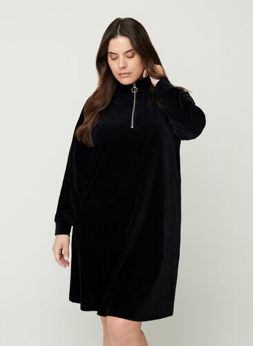 High neck velour dress with a zip, Black, Model image number 0