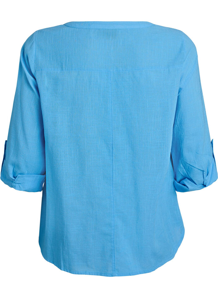 Cotton shirt blouse with V-neck, Blue, Packshot image number 1
