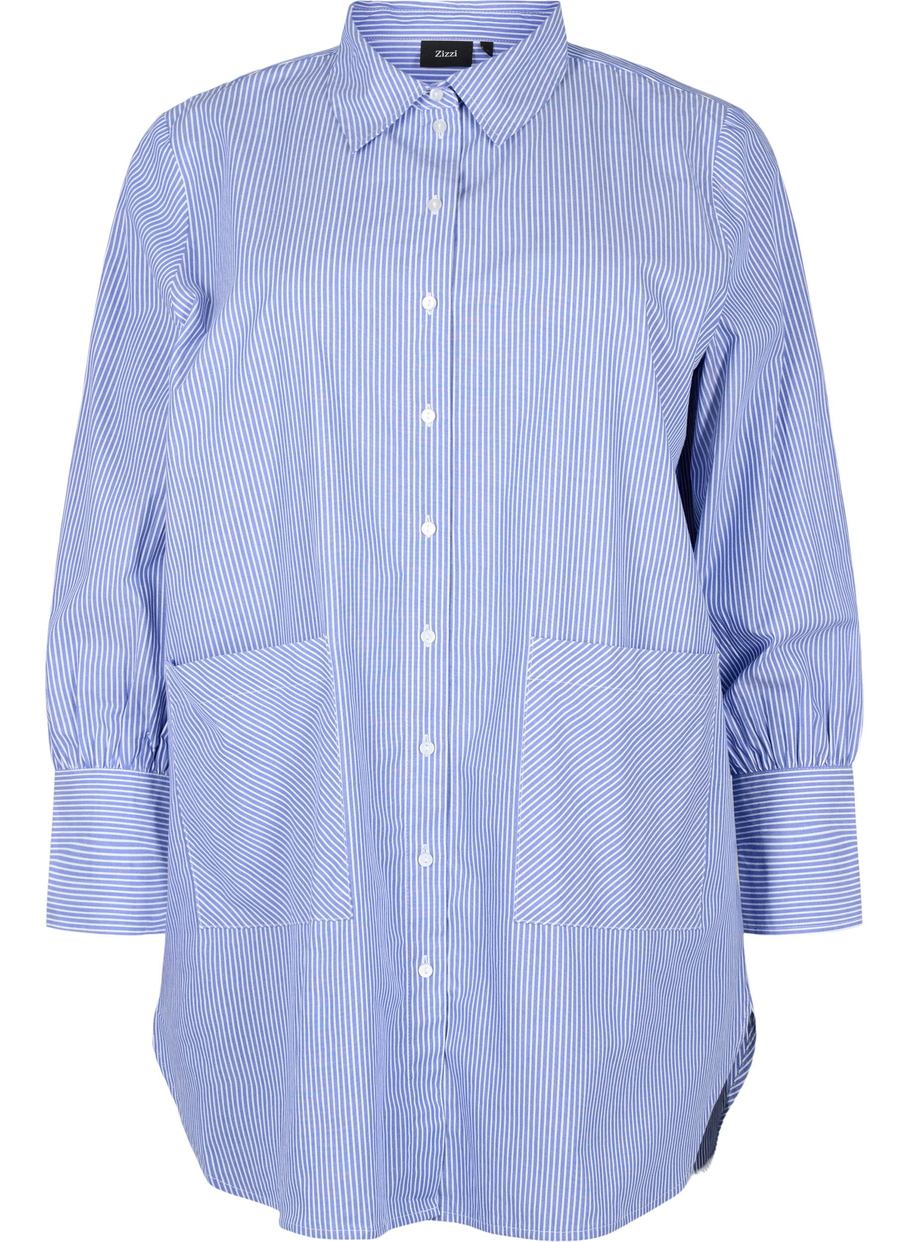 Zizzifashion Loose-fitting striped cotton shirt, Baja Blue Stripe, Packshot image number 0
