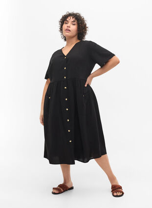 Short sleeve dress with buttons and pockets, Black, Model image number 2