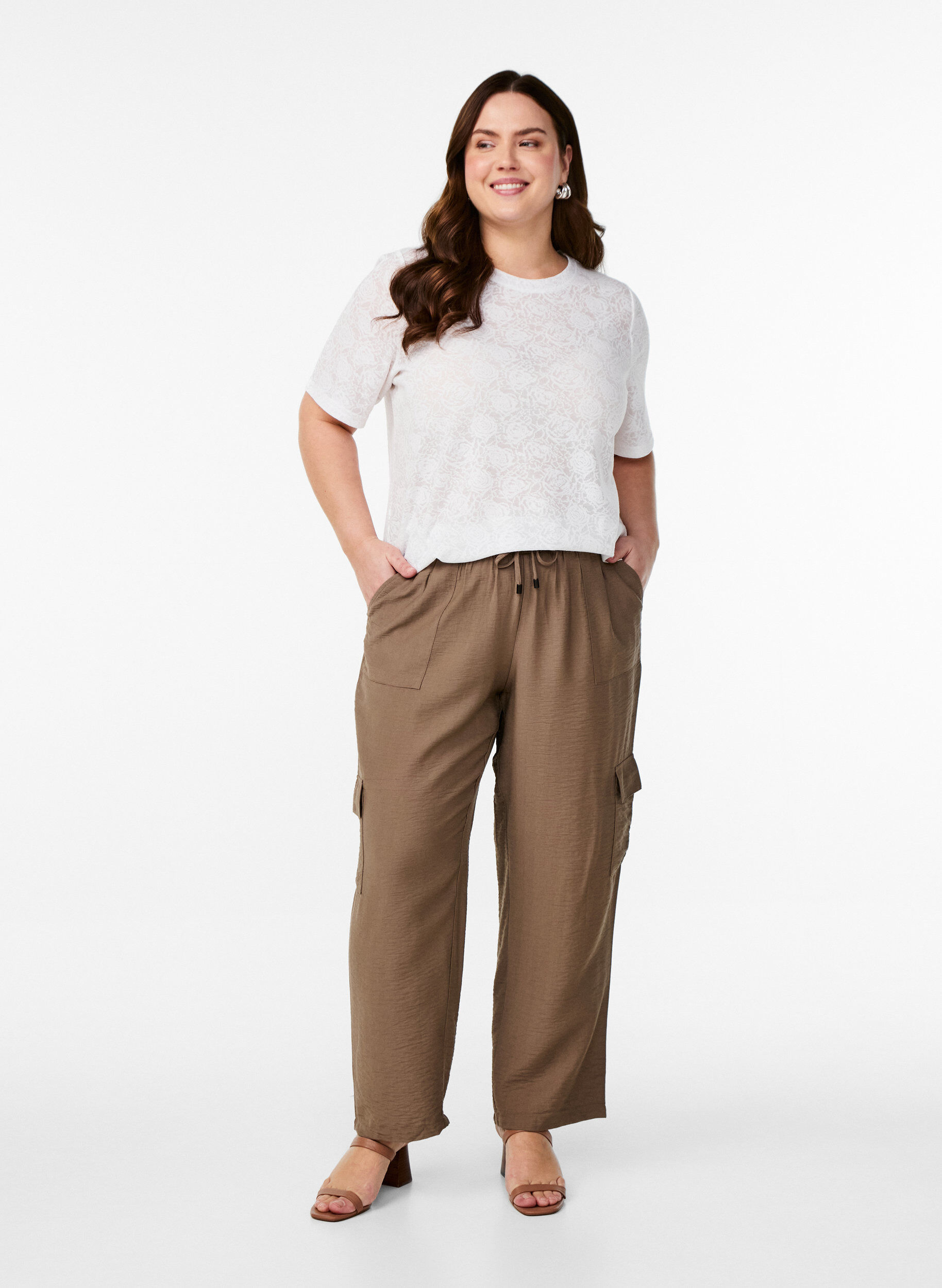 Zizzifashion Short-sleeved blouse with rose patterned texture, White, Model image number 1