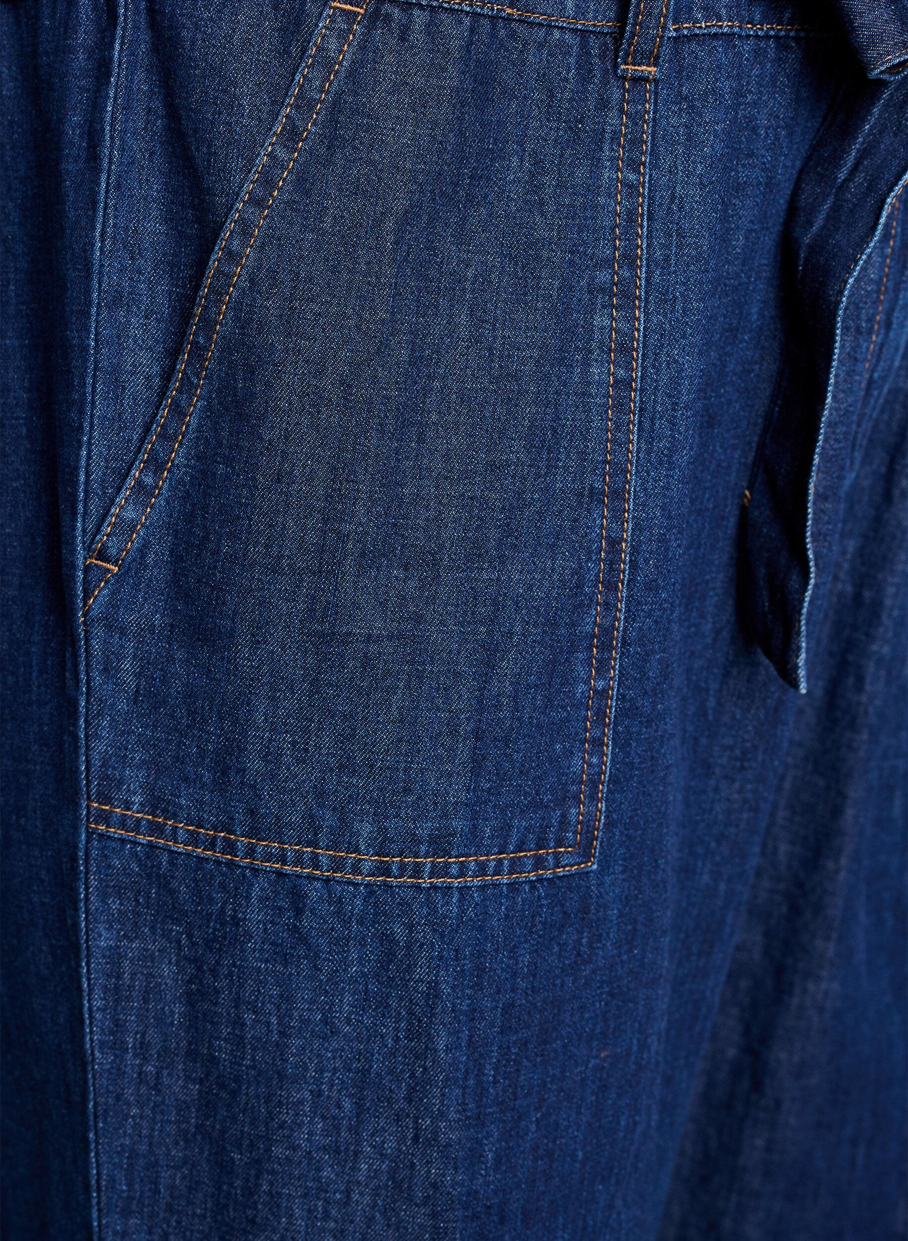 Zizzifashion Denim jumpsuit with short sleeves and a tie belt, Blue, Packshot image number 3