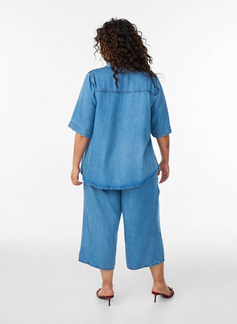 Lyocell culotte trousers with wide legs and denim look, Light Blue, Model image number 1