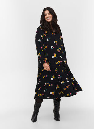 Midi dress with print made of 100% viscose, Black Flower, Model image number 2