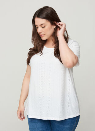 T-shirt with broderie anglaise, White, Model image number 0