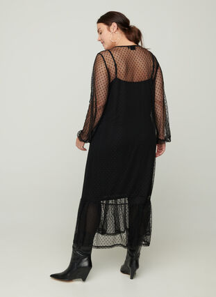 Long transparent dress with dots, Black, Model image number 1