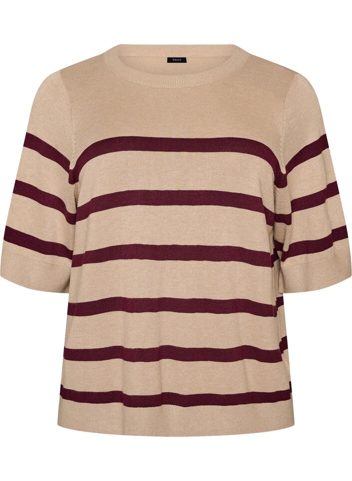 Striped knit top with short sleeves, Beige, Packshot image number 0