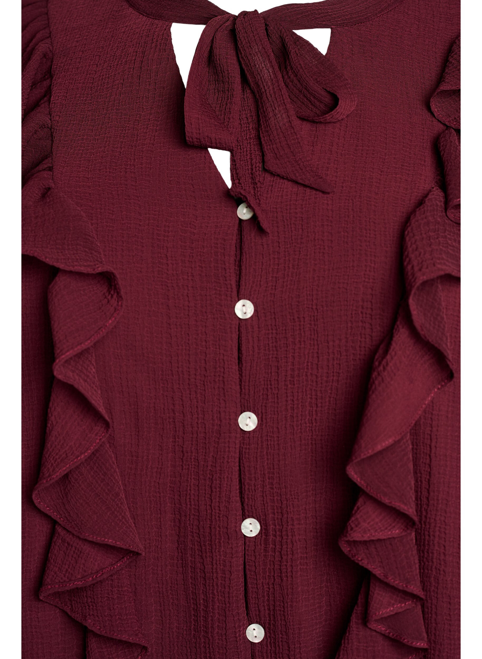 ZizzifashionSheer blouse with ruffles and tie-fastening, Red, Packshot image number 2