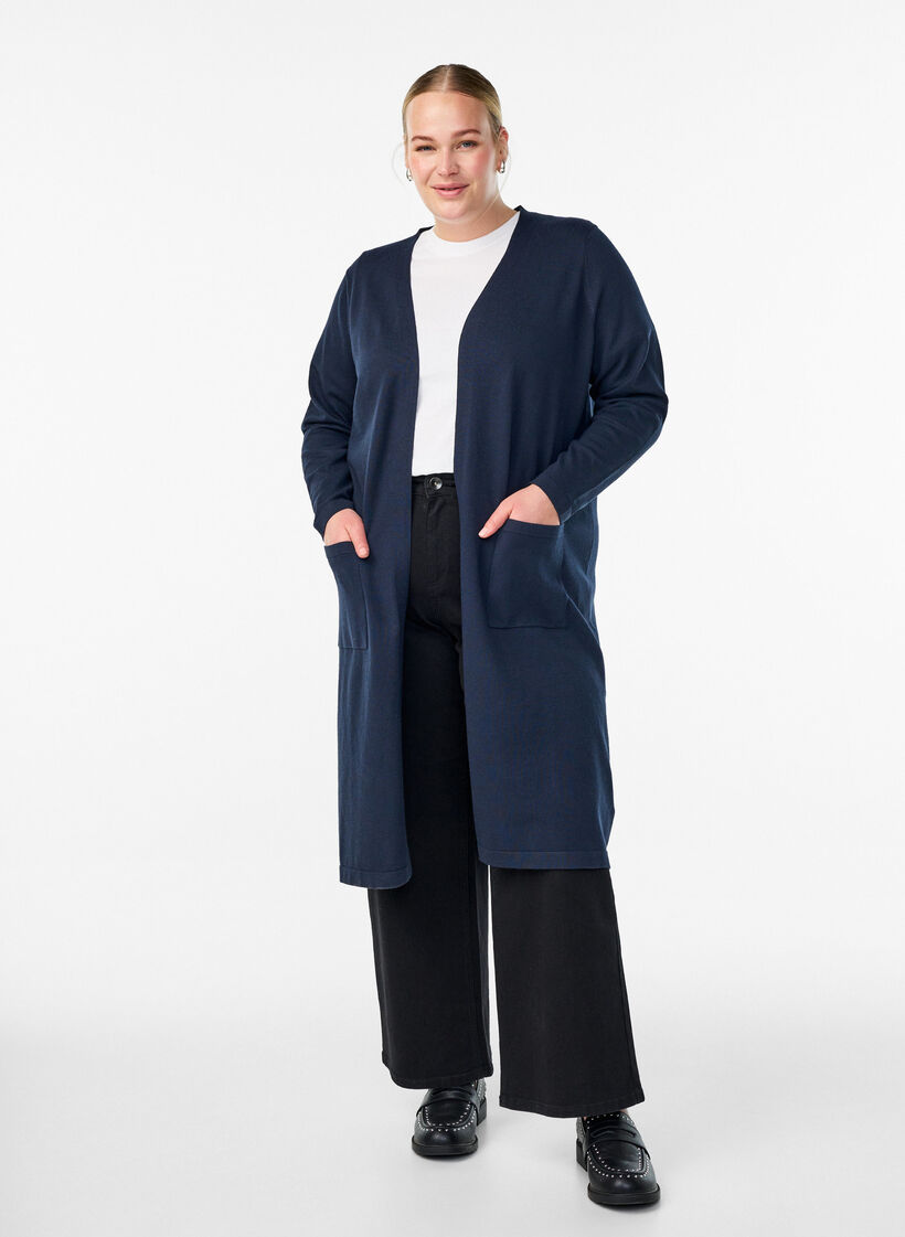 FLASH - Long, open cardigan with pockets, Blue, Model image number 0