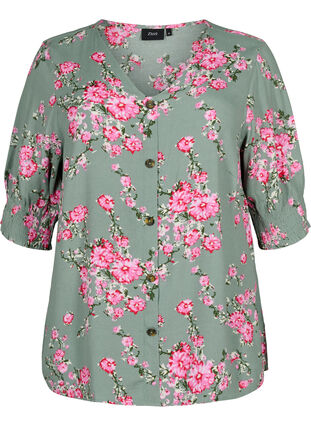 Viscose blouse with buttons, Spray Green Flower, Packshot image number 0