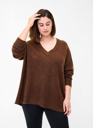 Knit sweater with V-neck and ribbed trims, Rocky Road Mel., Model image number 0