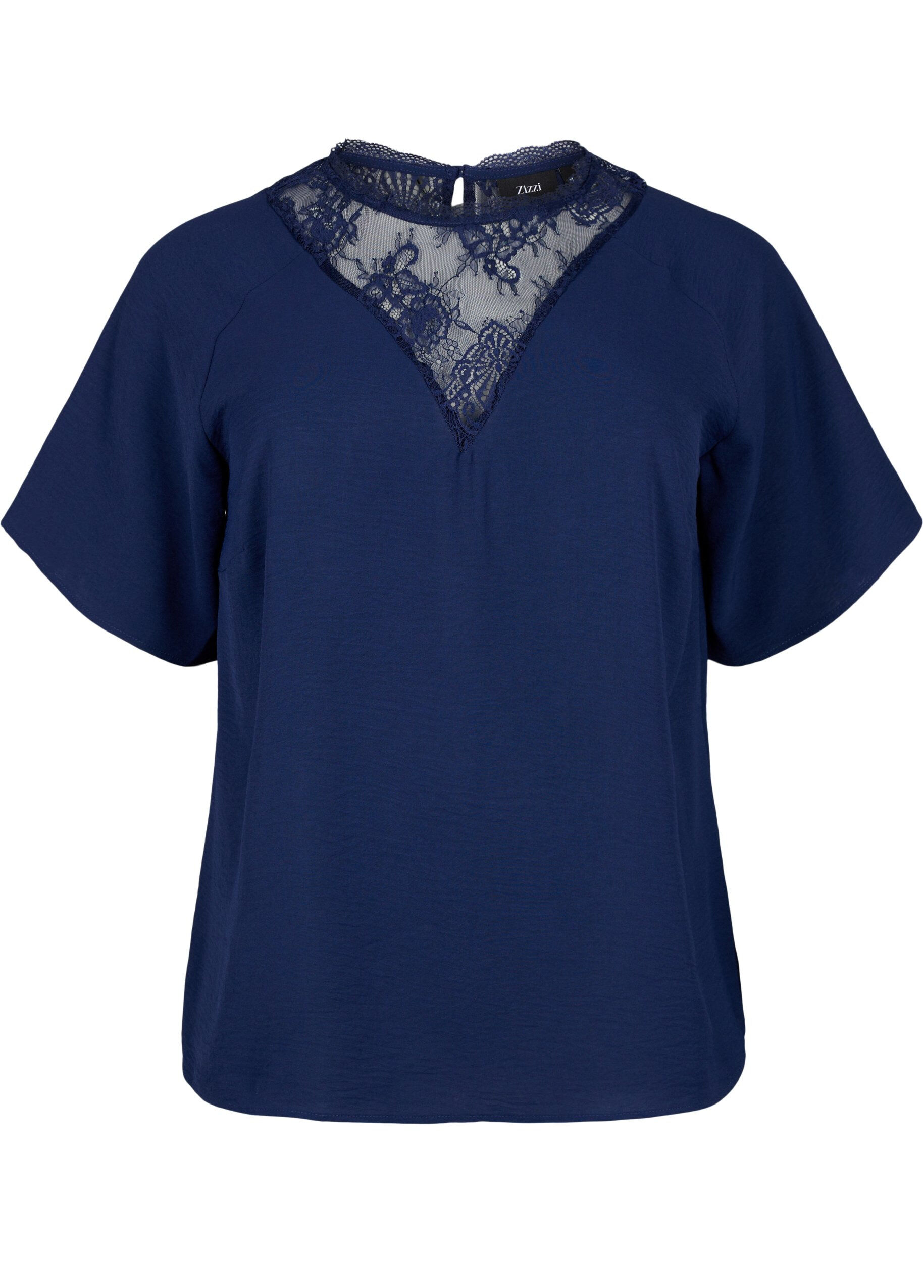 Zizzifashion Short-sleeved blouse with lace , Navy Blazer, Packshot image number 0