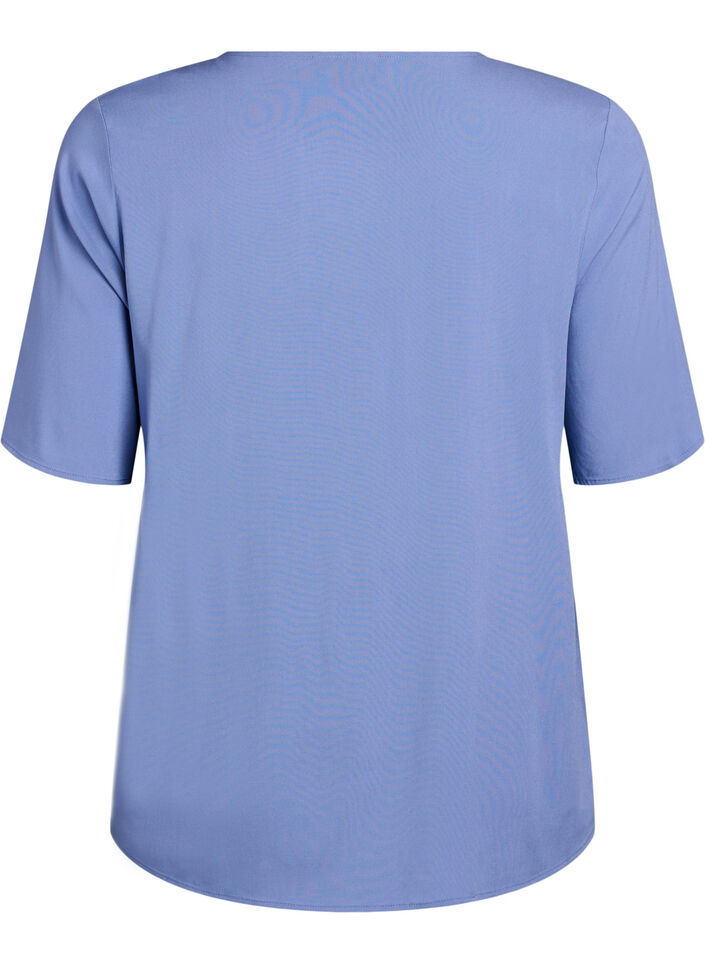FLASH - Short-sleeved woven blouse with round neck, Blue, Packshot image number 1