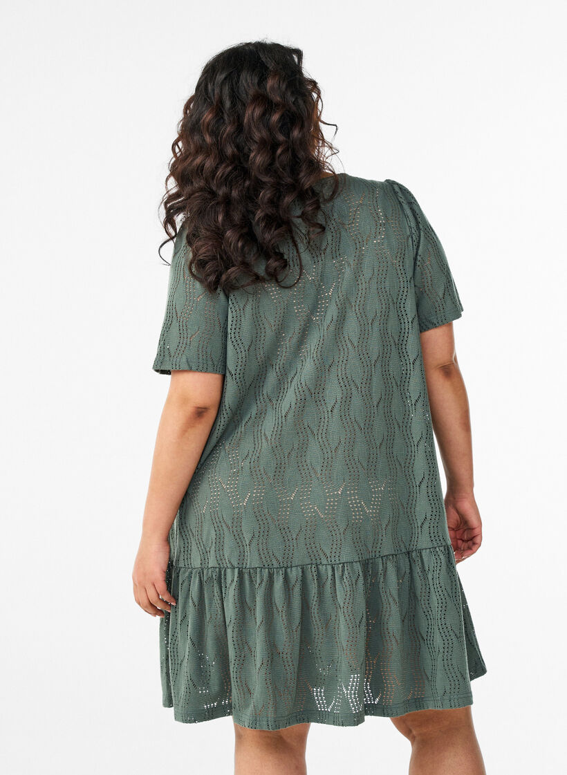 Short jersey dress with eyelet embroidery, Green, Model image number 2
