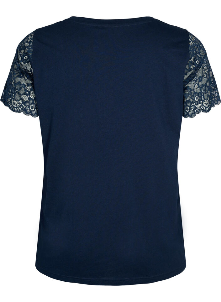Cotton t-shirt with short lace sleeves, Blue, Packshot image number 1