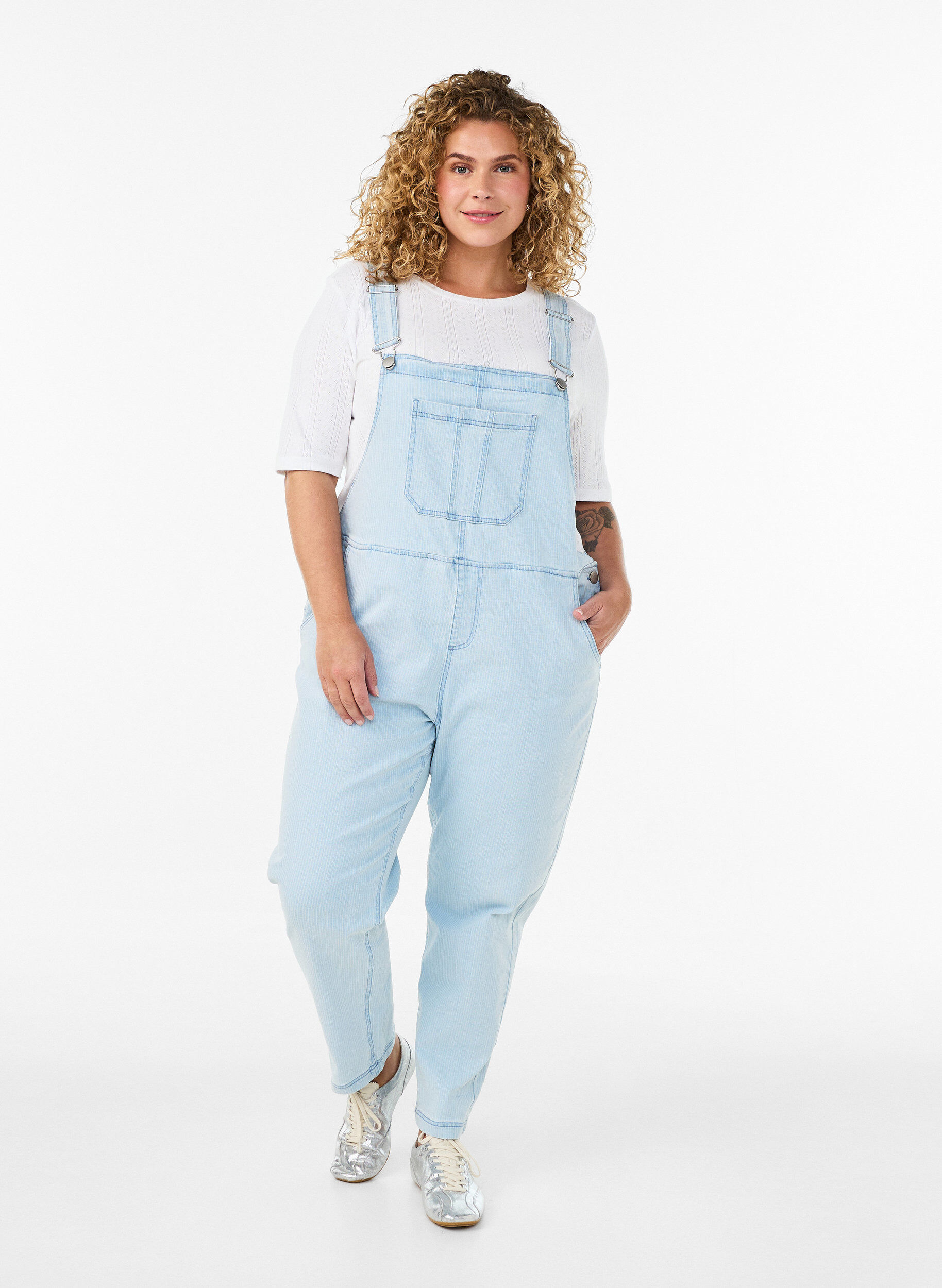Striped denim overalls, Light Blue, Model