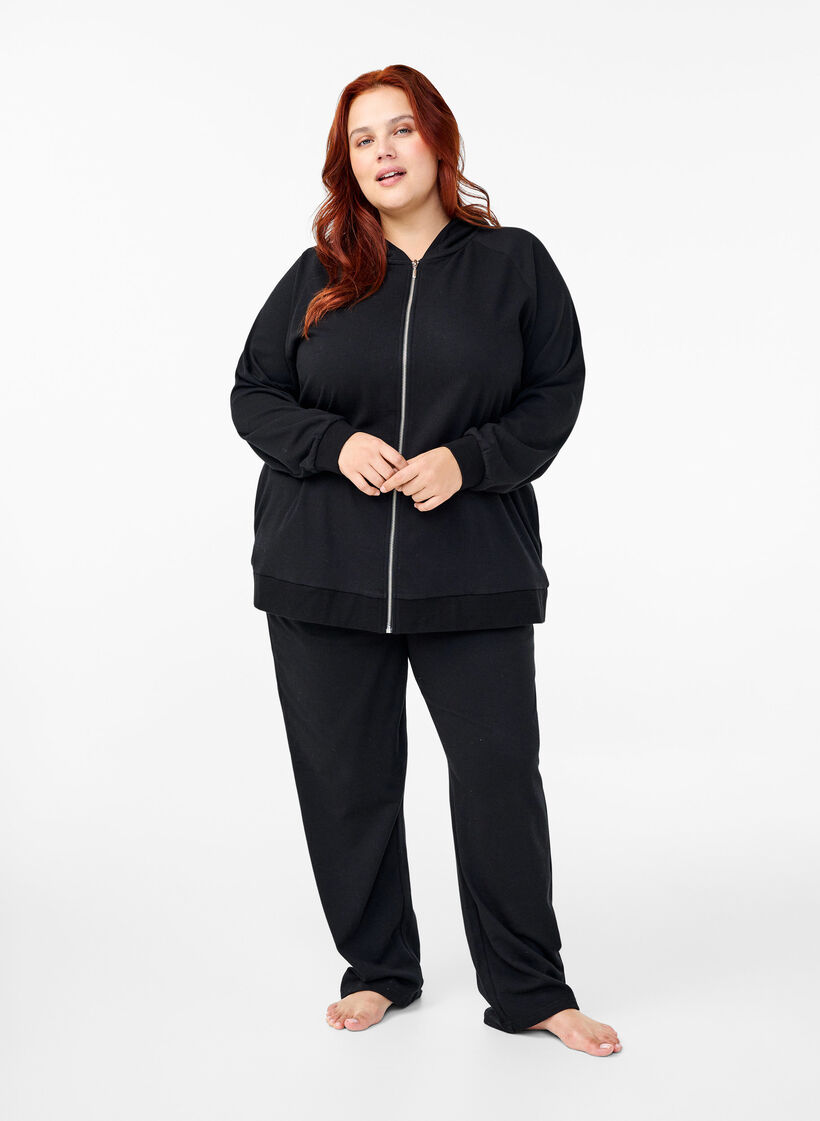 Sweat cardigan with a hood and pockets, Black, Model image number 1