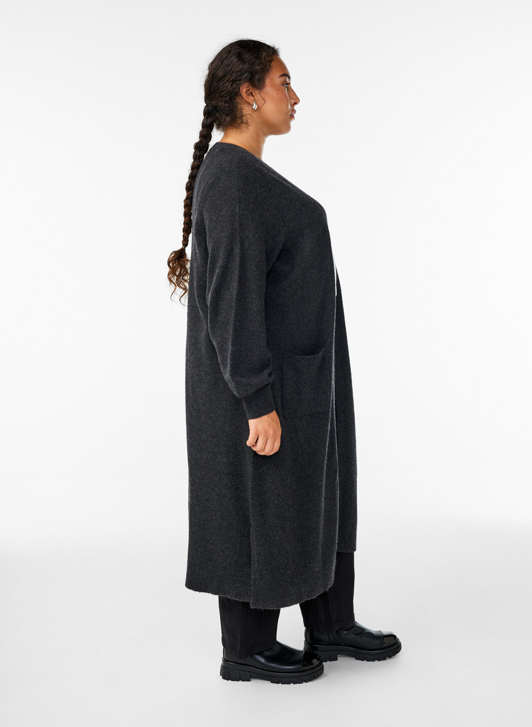 Zizzifashion Long knit cardigan with pockets, Dark Grey, Model image number 2
