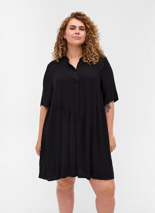 Viscose A-line tunic with buttons, Black, Model image number 0