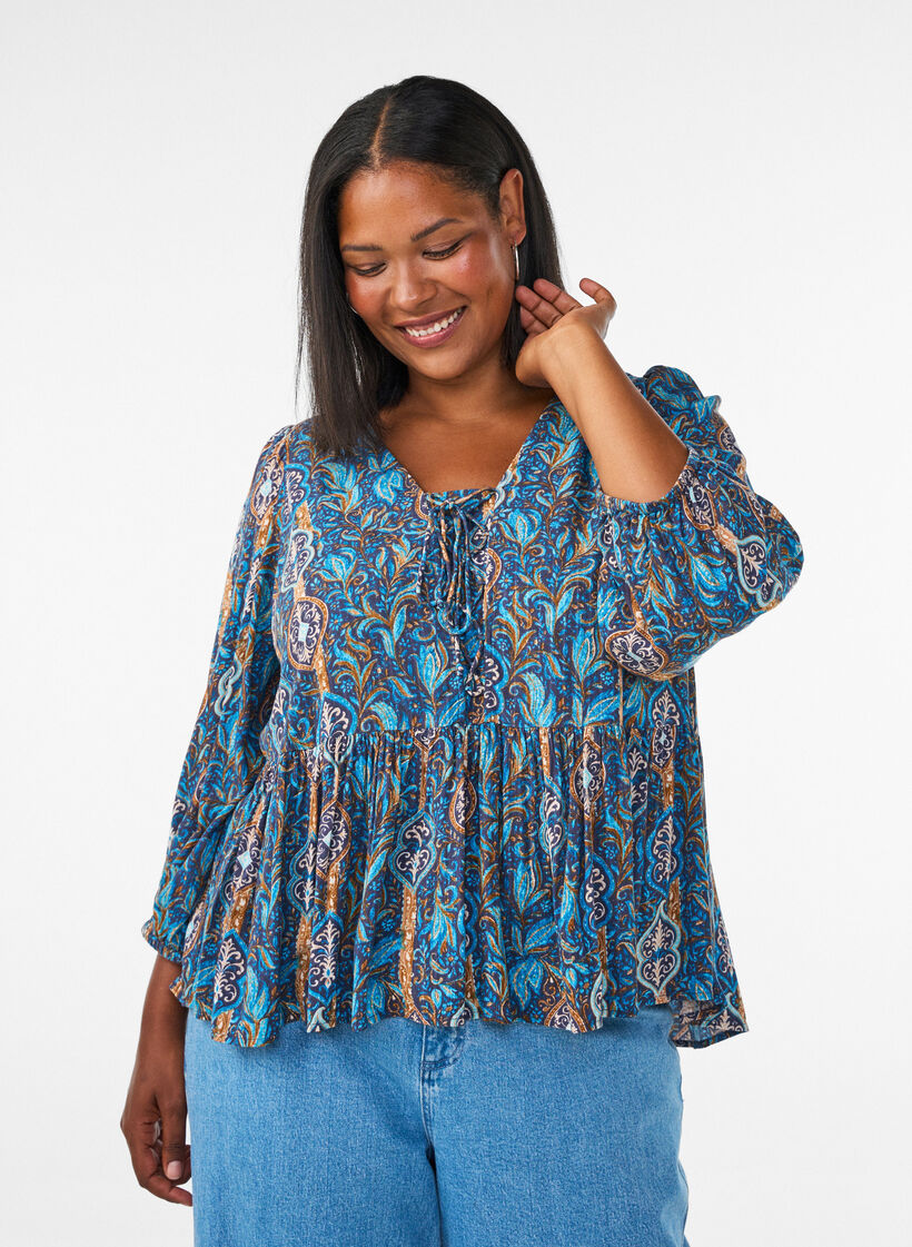 Blouse with paisley print and lace detail, Light Blue, Model image number 0