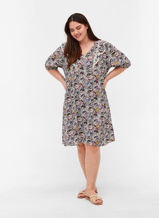 Short-sleeved viscose dress with print, Powder Puff AOP, Model image number 3