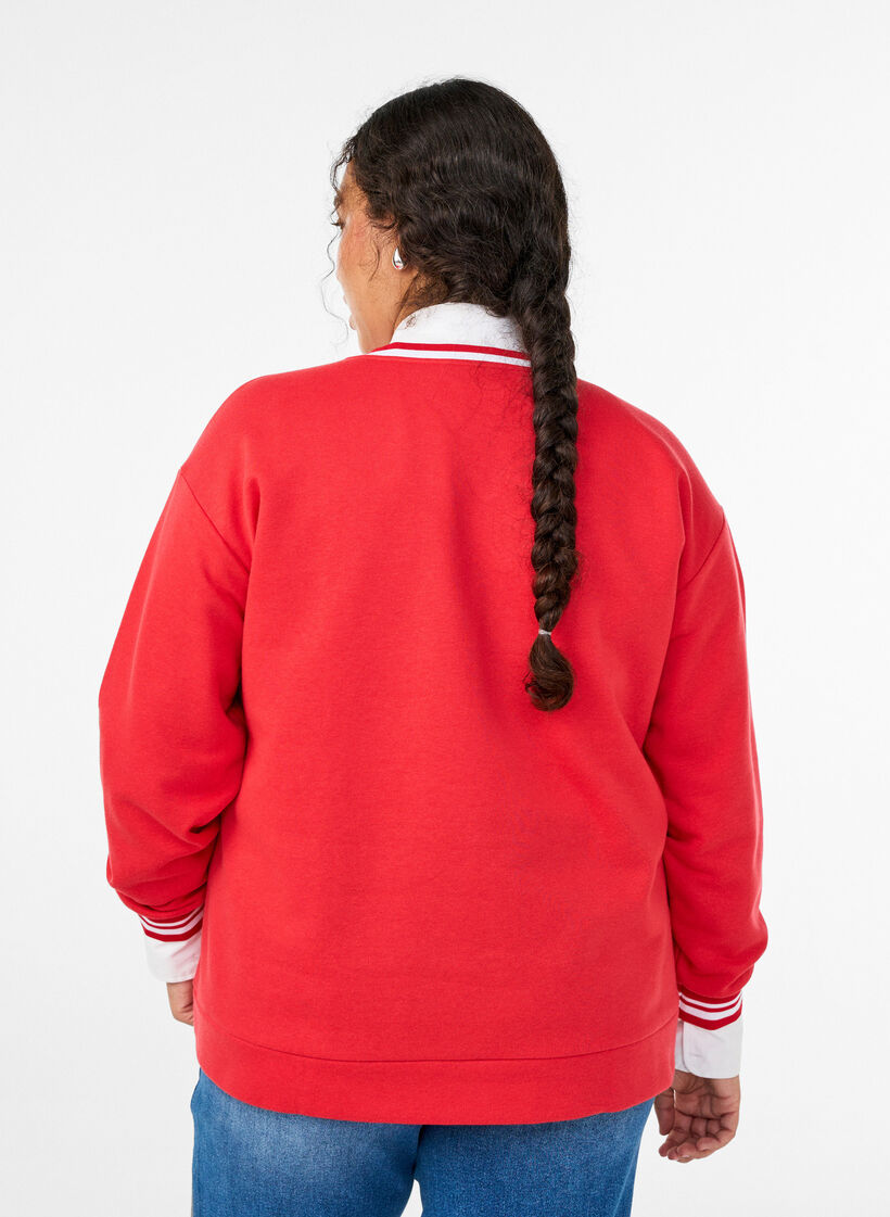Sweatshirt with V-neck and text print, Red, Model image number 2