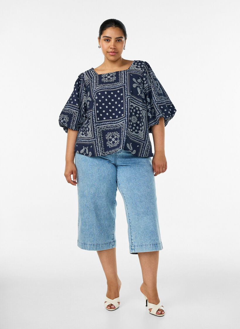 Viscose blouse with paisley print and balloon sleeves, Blue, Model image number 1
