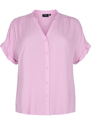 Short-sleeved viscose shirt with v-neck, Mauve Mist, Packshot image number 0