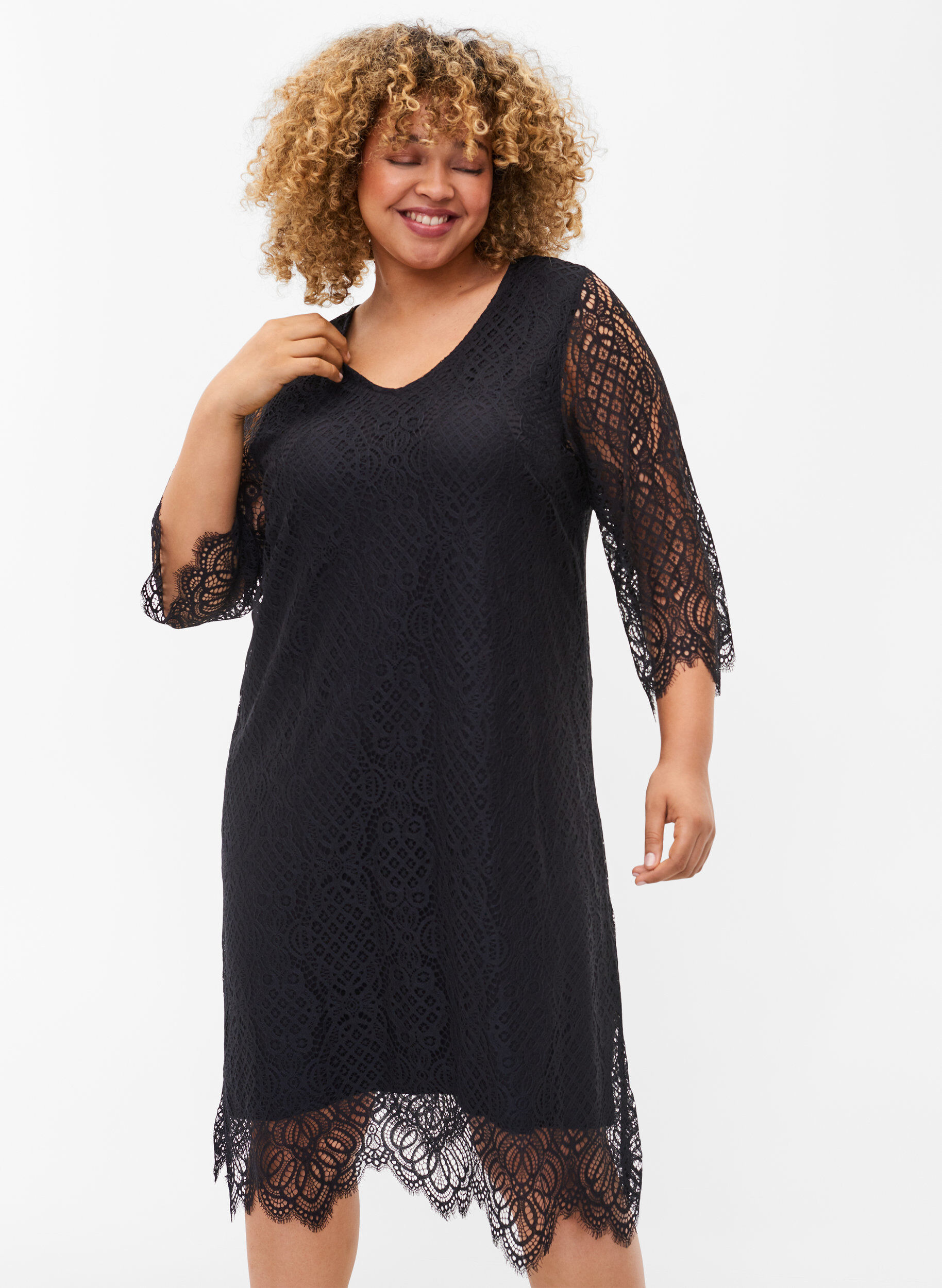 Zizzifashion Lace Dress with 3/4 sleeves, Black, Model image number 2