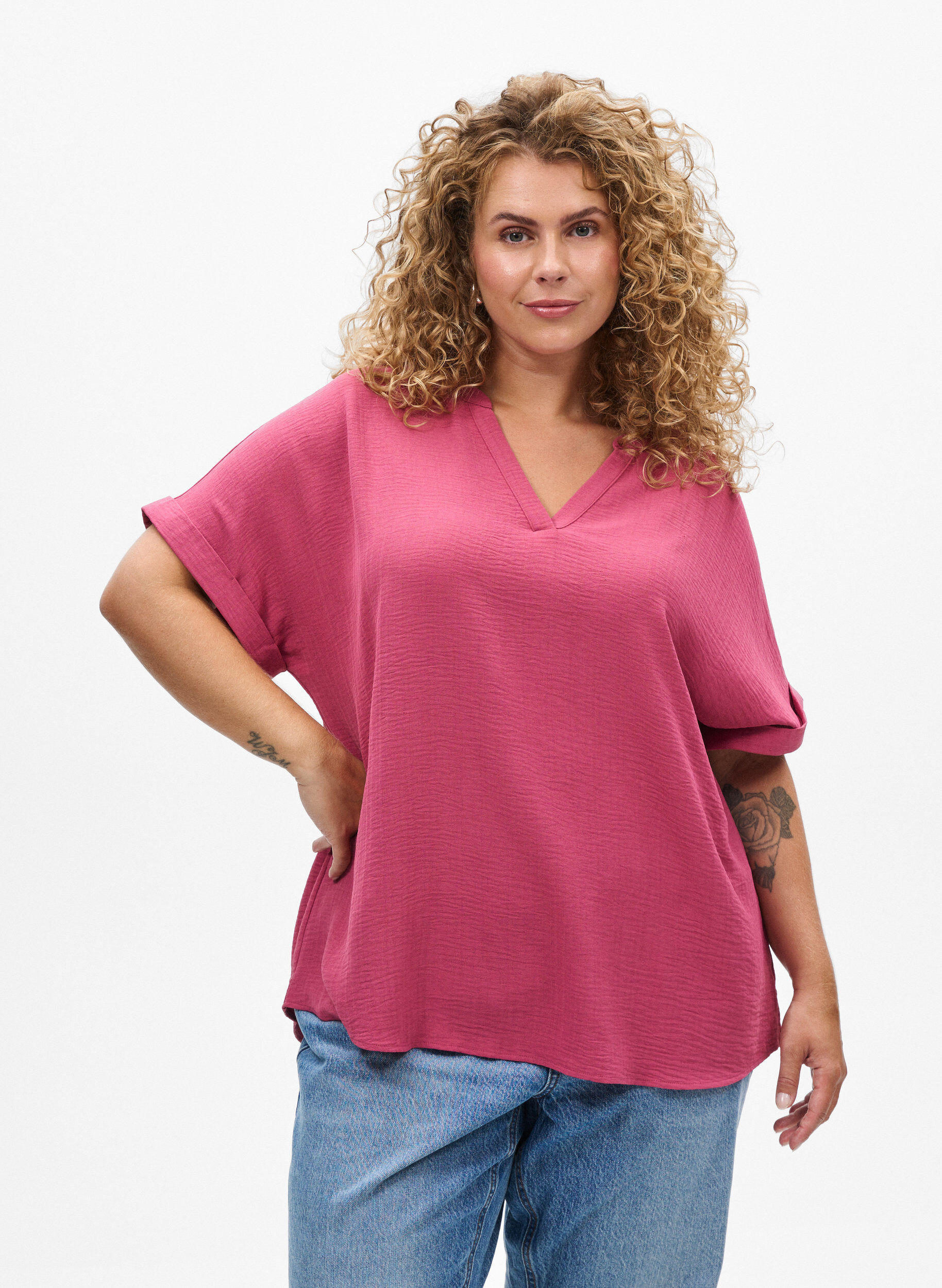 ZizzifashionLoose blouse with short sleeves, Red, Model image number 0