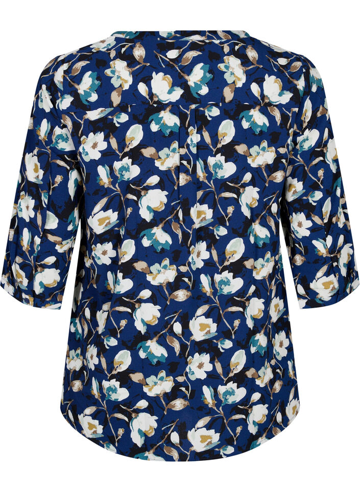 Floral blouse with 3/4 sleeves, P. Blue Flower AOP, Packshot image number 1