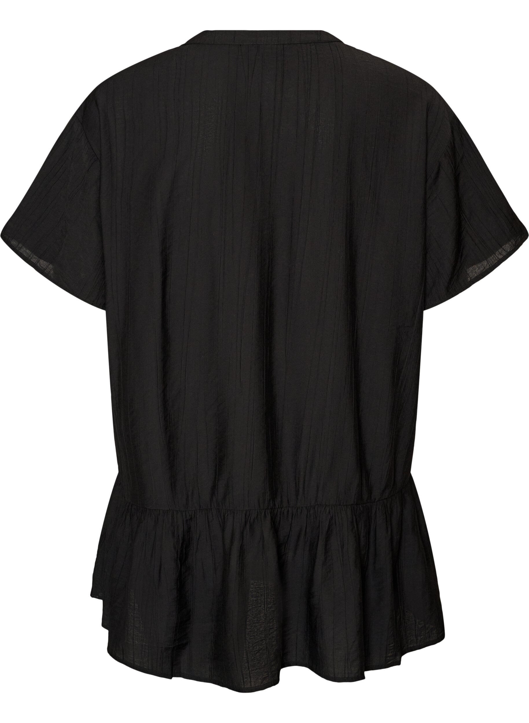 Zizzifashion Loose tunic with crinkled texture and ruffle hem, Black, Packshot image number 1
