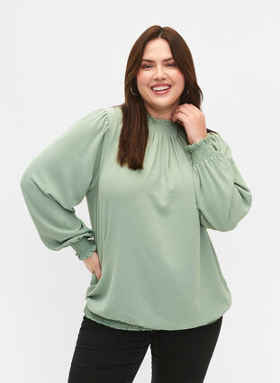 Solid color smock blouse with long sleeves, Green Bay, Model image number 0