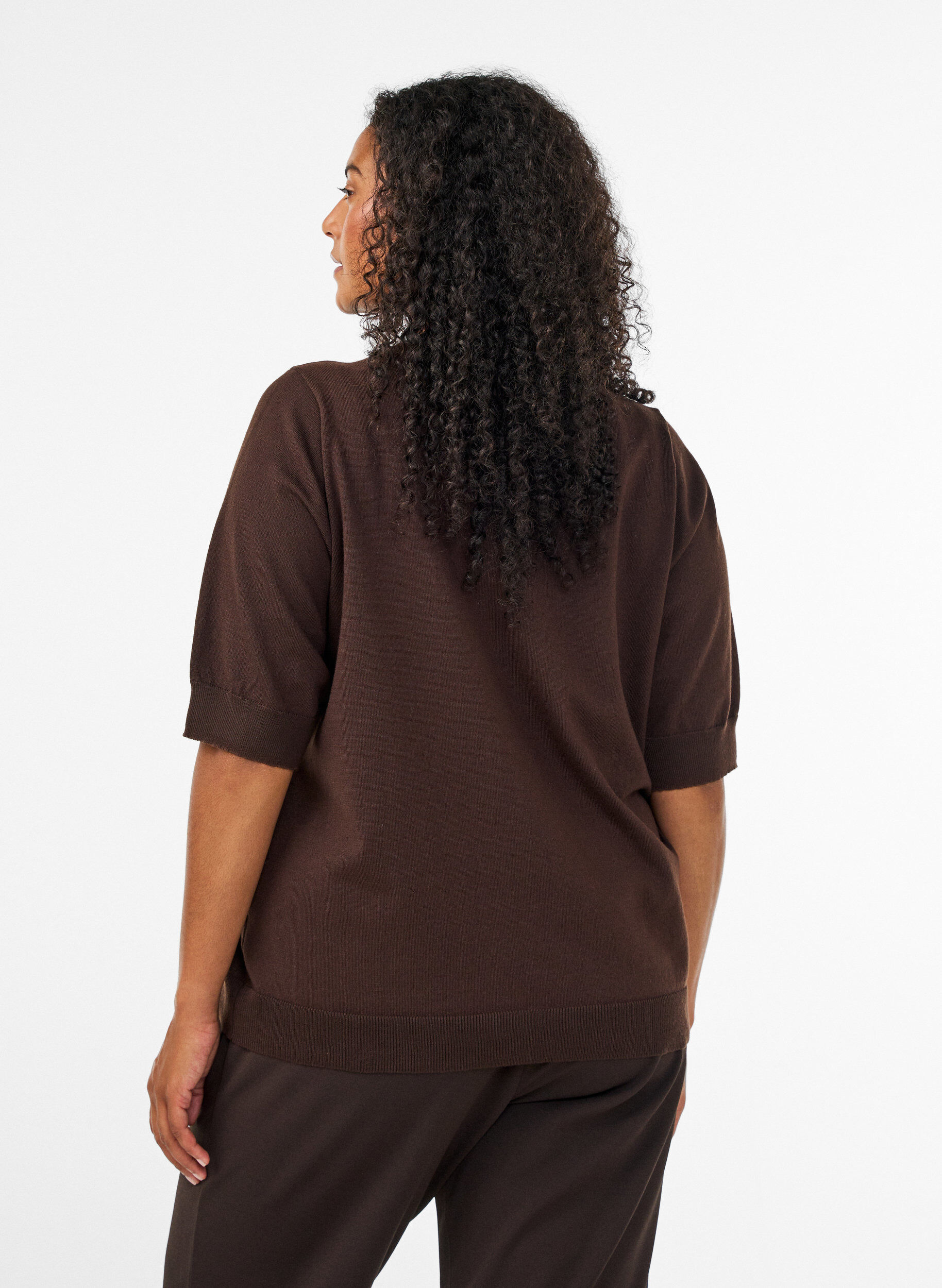 ZizzifashionFine-knit blouse with short sleeves, Brown, Model image number 1
