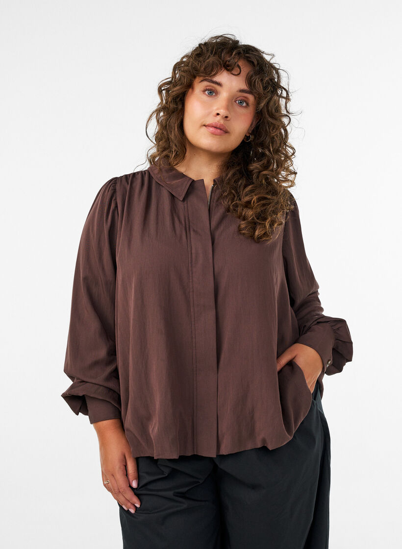 Shirt with balloon shape and concealed zip, Brown, Model image number 0