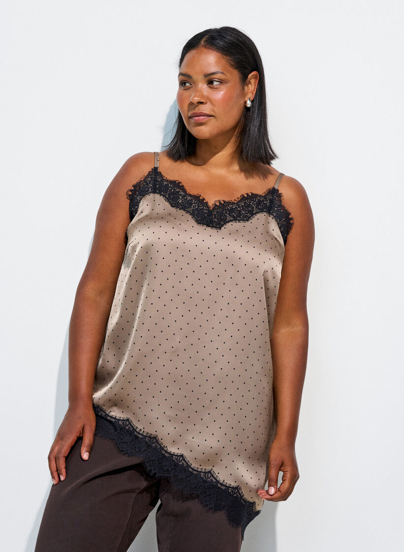 Strappy top with lace and an asymmetrical hem, Beige, Model image number 0